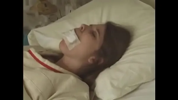 Frisk Pretty brunette in Straitjacket taped mouth tied to bed hospital mit rør
