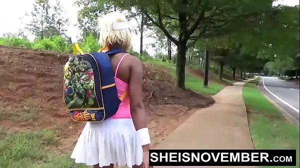 Fresh Young Ebony Sucking Old Cock Stranger In Public Giving Blowjob While Kneeling With Her Large Natural Breasts and Areolas Out Of Her Top, Sheisnovember Then Walks While Flashing Her Panty During Upskirt With Curvy Hips by Msnovember my Tube