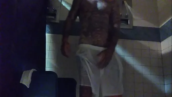 Segar Stroking this big tattd up White Dick in the shower Tube saya