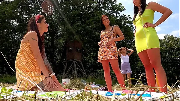 Segar Party Girls Outdoors No Panties and with Lingerie in Miniskirt and Short Sun Dress Try On with Twister Game Play Tiub saya